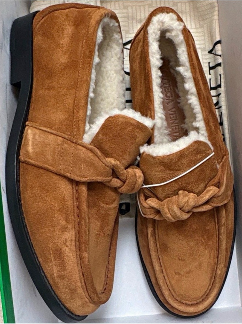 Bottega Veneta Brown Suede Knotted Shearling Loafers